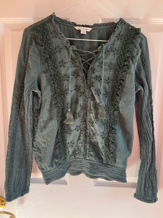 American Eagle Outfitters Tops - American Eagle Green Lace-Up Embroidered Blouse